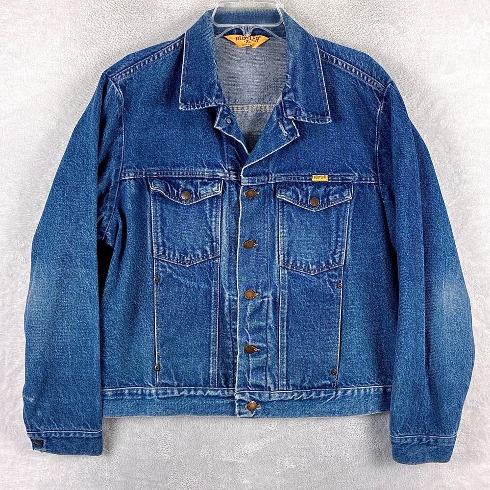 VTG Rustler Trucker Jacket Mens XL Faded Denim Classic Western Outdoors 80s USA